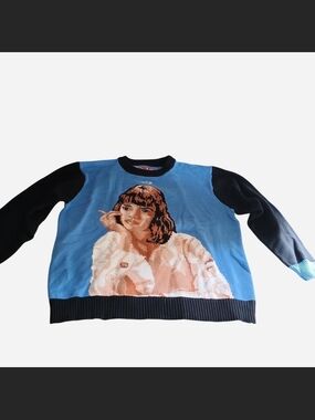 Very Rare By Raf Reyes Blue Graphic Portrait Knit Sweater with Black Sleeves